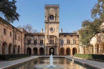 Fototapeta premium An intricately detailed historic building with arches and a bell tower stands majestically in a serene courtyard on a clear sunny day