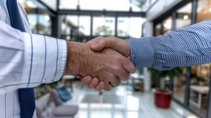 Successful Merger Handshake - Two businessmen in suits shaking hands in a modern office, symbolizing a successful business merger.
