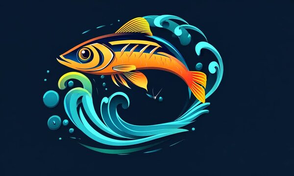 A stylized illustration of an orange fish jumping out of blue water, against a dark background.
