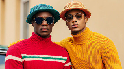 Two stylish men posing in vibrant sweaters and hats, showcasing modern urban fashion and trendy accessories, perfect for lifestyle blogs.