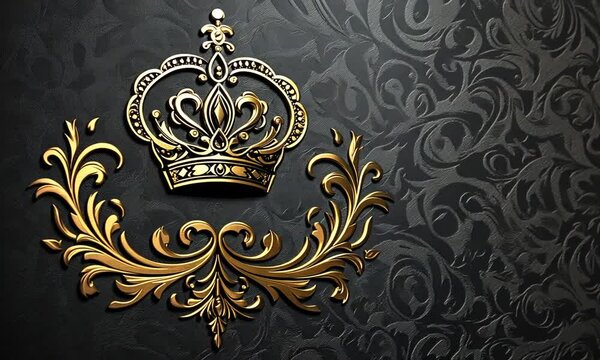 A golden crown with ornate floral details on a black textured background.