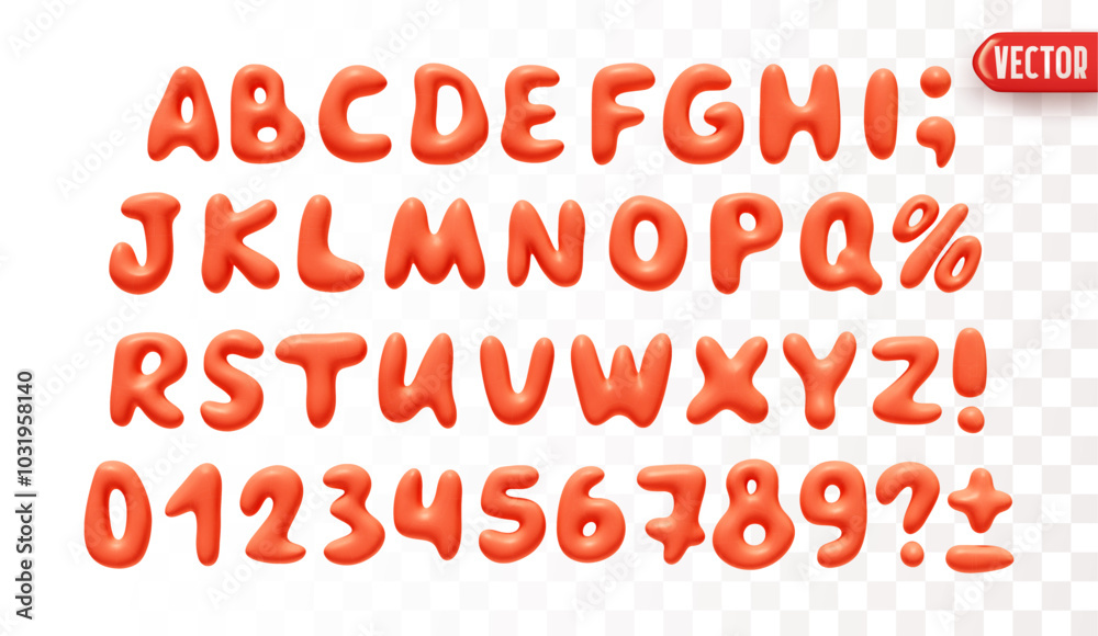 Poster plastic 3d realistic font liquid shapes red color. a set of letters and numbers isolated on a white 