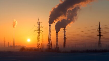 Industrial Power Plant Emitting Smoke Against Dramatic Sunset Skyline