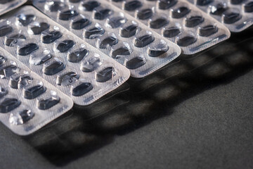 Medication pills blister packaging concept of pharmacy, medicine, healthcare, pharmaceutical industry