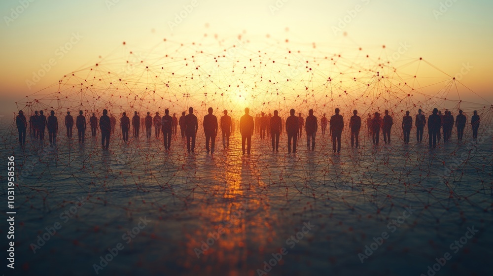 Aufkleber a diverse group of individuals stands together on a flat terrain during sunset, with lines connectin