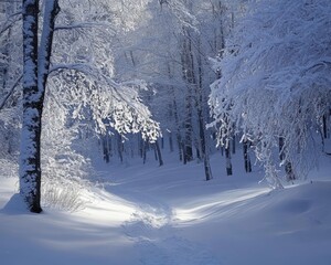 Winter landscape in a forest featuring snow-covered trees and a serene atmosphere evoking tranquility
