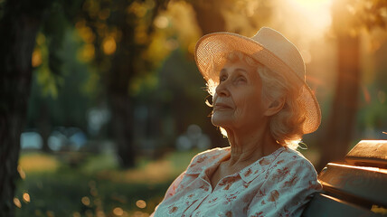 an old woman is resting, a grandmother is sitting on a bench in a summer park at sunset