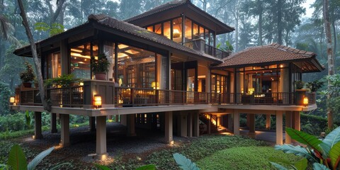 A stunning architectural masterpiece showcasing a modern elevated home enveloped by lush greenery in a serene forest environment at dusk