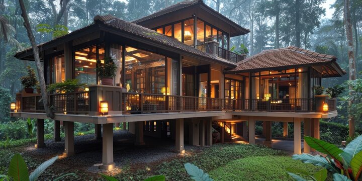 A stunning architectural masterpiece showcasing a modern elevated home enveloped by lush greenery in a serene forest environment at dusk