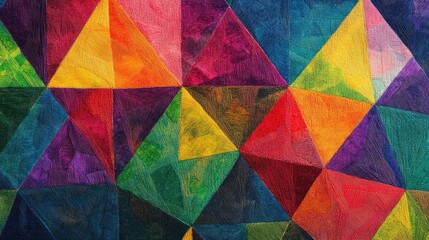 A vibrant geometric background with equilateral triangles outlined in rainbow-colored thread, layered and repeated to fill the space