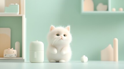 Adorable White Fluffy Cat Relaxing on Pastel Shelf in Minimalist Interior