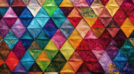 A visually striking pattern of equilateral triangles with rainbow-colored threads as sides, layered and repeated to cover the entire background