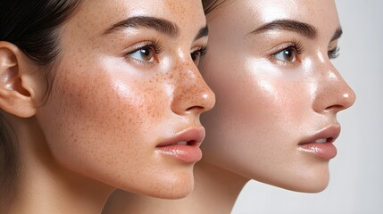 Detailed side-by-side view of facial pigmentation, highlighting melasma fading after treatment, smooth and even skin tone, Realistic, Bright Lighting