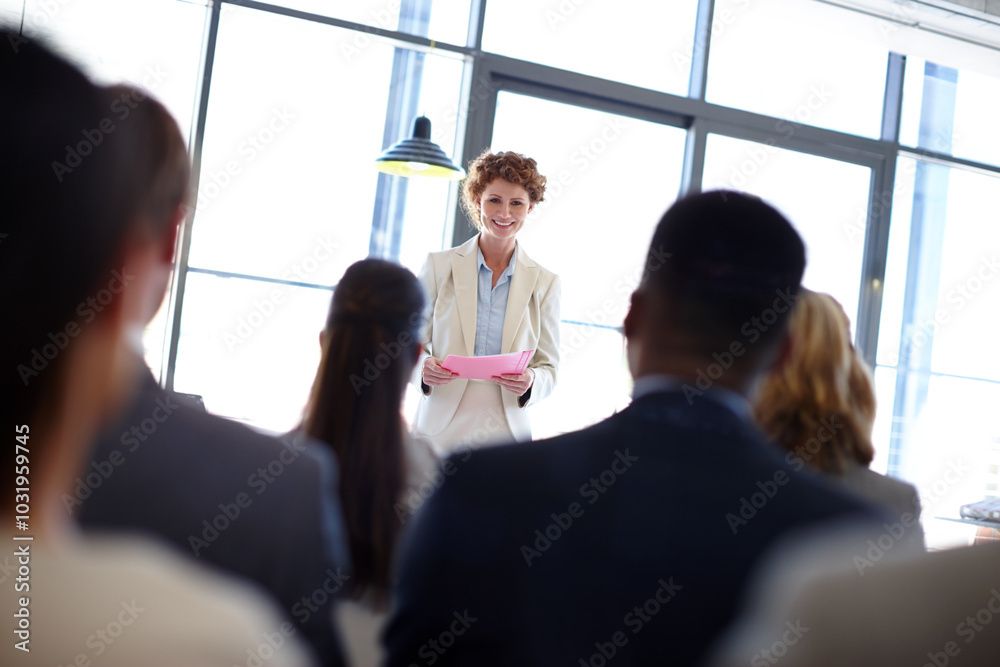 Sticker Meeting, speaker and woman with business people in conference, tradeshow and presentation. Corporate, professional audience and men and women in office for seminar training, workshop and convention