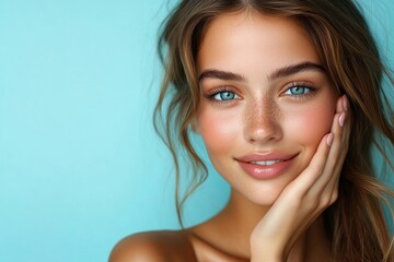 Fototapeta premium Beautiful young European woman with perfect skin touching her cheeks, enjoy new cosmetic products or treatment, posing over blue background, Generative AI