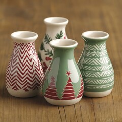Four decorative ceramic vases with festive holiday patterns.