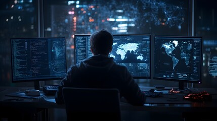 Cybersecurity Specialist Analyzing Digital Data and Information on Multiple Screens