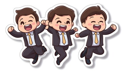 A cartoon sticker of three office workers, one male and two females, all wearing business attire and smiling while running with excitement
