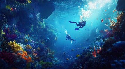 Obraz premium Scuba divers exploring vibrant coral reefs and underwater caves, encountering marine life in a thrilling deep-sea adventure