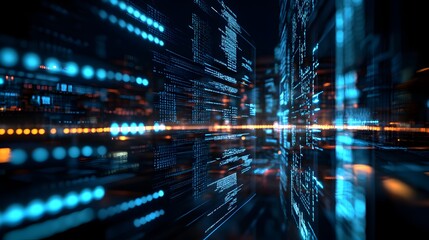 Obraz premium Futuristic Cityscape with Dynamic Digital Lights and Architectural Skyscrapers