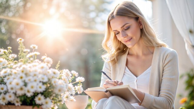 Young woman journaling in a sunlit park