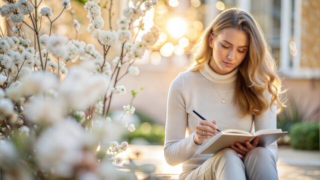Young woman writing in a gratitude journal in a park setting