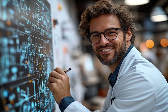  smart smiling cientist writing on a white digital board off camera 