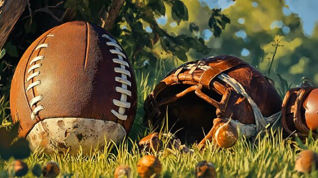 A worn football and helmet lay in the grass, left behind after a long day of play