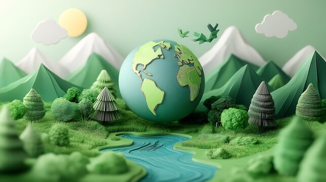 Detailed 3D paper art globe floating above a green landscape with forests and rivers representing Earth Day The ecofriendly concept emphasizes the importance of protecting nature and the environment