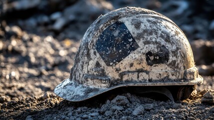 Fototapeta premium Dust-covered safety helmet resting on a job site, symbolizing hard work and constant vigilance, worksite protection, preparedness through adversity