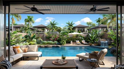 Fototapeta premium A luxurious tropical backyard featuring an inviting swimming pool surrounded by lush greenery and elegant outdoor furniture under a clear blue sky