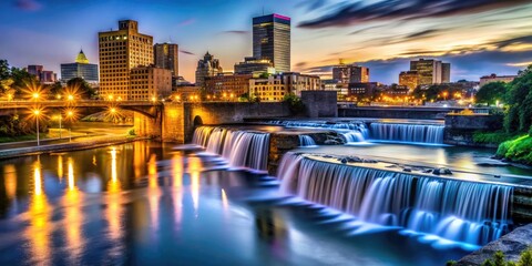 Obraz premium Nighttime Minimalist Photography of Manmade Waterfalls and River in Rochester, New York with City Lights Reflections