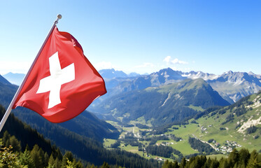 Swiss flag against mountain landscape. Panorama with waving red Swiss flag. Celebration of Swiss National Day. Travel, holiday and tourism concept.