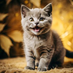 Obraz premium Joyful gray british shorthair kitten on vibrant yellow background