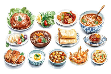 Watercolor collection of thai food isolated on white background