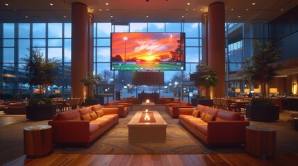 Spacious modern lounge area featuring cozy seating, a central firepit, large windows, and a massive digital screen displaying a vibrant sunset scene