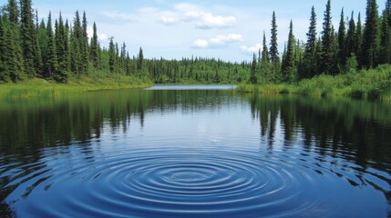 Obraz premium Tranquil Wilderness Lake Surrounded by Evergreen Forests