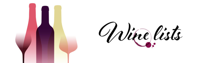 Horizontal banner template with silhouette drawing of wine glasses and bottles. Vector illustration