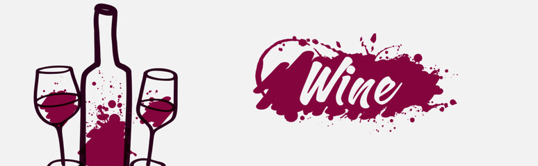 Wine glasses and bottle doodles Horizontal banner template for wine designs. Vector
