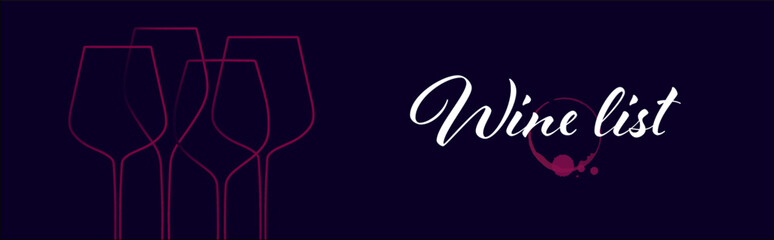 Horizontal banner template with silhouette drawing of wine glasses and bottles. Vector illustration