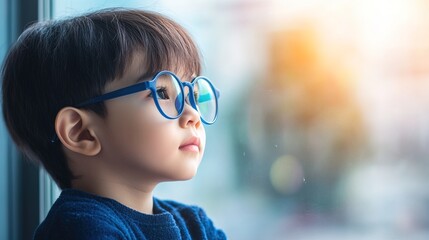 Young child wearing blue glasses focusing on distant tree outside window, symbolizing myopia prevention and importance of outdoor activities.