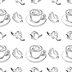 vector seamless pattern line art elements - food, cuisine breakfast cappuccino, coffee, roses