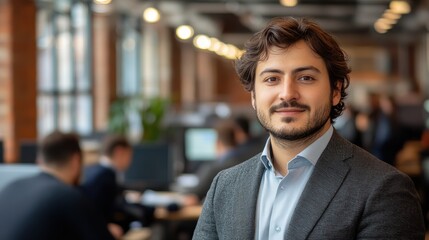 Office environment with a smiling professional man standing in the foreground while colleagues work in the background in a modern open-plan office