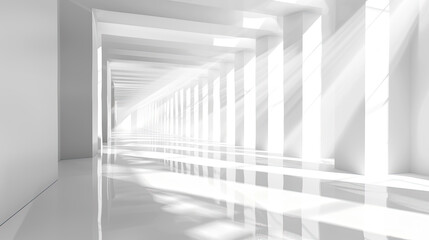 Obraz premium Bright white corridor with symmetrical design and light streaming through windows