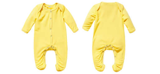 Yellow Infant baby Bodysuit romper playsuit jumpsuit creeper front and back view. Blank mockup design on transparent cutout background, PNG file. Mockup clipart template