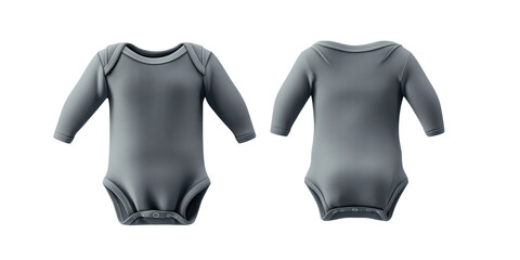 Grey Infant baby Bodysuit romper playsuit jumpsuit creeper front and back view. Blank mockup design on transparent cutout background, PNG file. Mockup clipart template