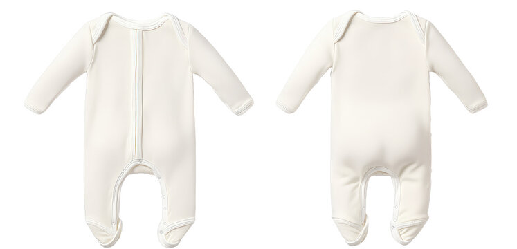 Beige Infant baby Bodysuit romper playsuit jumpsuit creeper front and back view. Blank mockup design on transparent cutout background, PNG file. Mockup clipart template