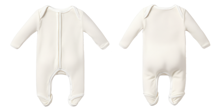 Beige Infant baby Bodysuit romper playsuit jumpsuit creeper front and back view. Blank mockup design on transparent cutout background, PNG file. Mockup clipart template