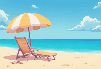 Beach Chair with Umbrella and Flip Flops on Sand