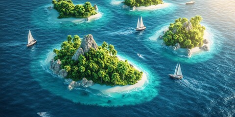 Aerial view of tropical islands with sailboats and turquoise water.